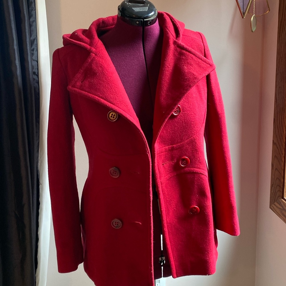 Red wool coat with hood